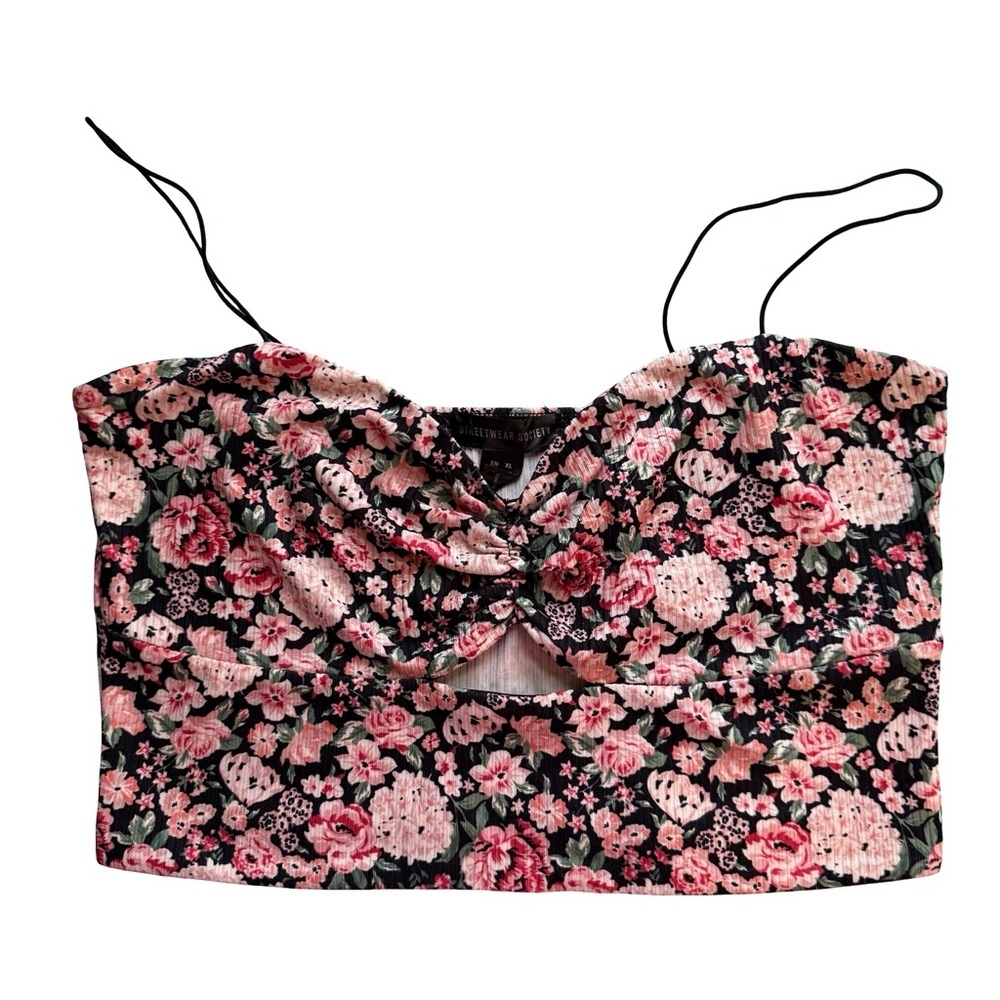 Streetwear Society Floral Black and Pink Cropped Tank Top Size XL Y2K Festival